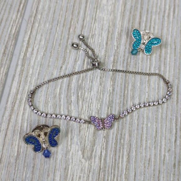 Women’s 3 Piece Silver Tone Bracelet Set With 2 Embellished Butterfly Pins Brooc - Picture 1 of 6